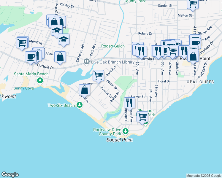 map of restaurants, bars, coffee shops, grocery stores, and more near 416 Hickman Court in Santa Cruz