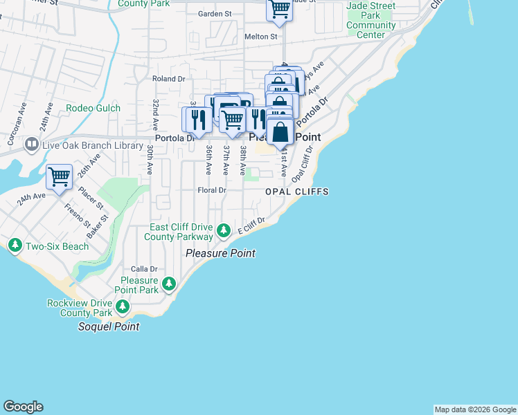 map of restaurants, bars, coffee shops, grocery stores, and more near 23905 East Cliff Drive in Santa Cruz
