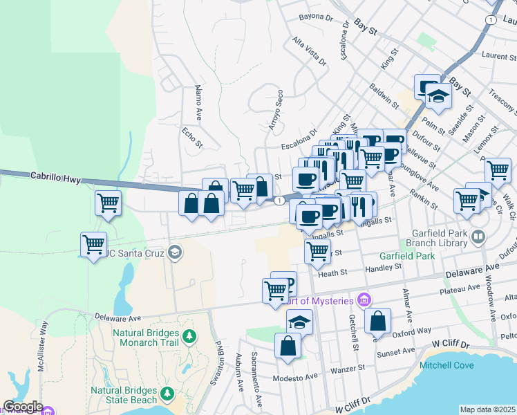map of restaurants, bars, coffee shops, grocery stores, and more near 2606 Mission Street in Santa Cruz