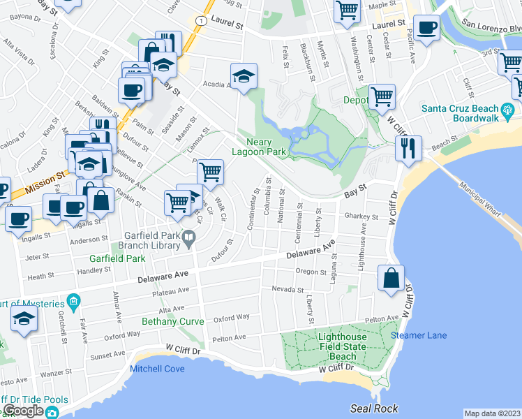 map of restaurants, bars, coffee shops, grocery stores, and more near 701 Gharkey Street in Santa Cruz