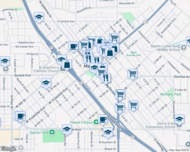 map of restaurants, bars, coffee shops, grocery stores, and more near in Madera
