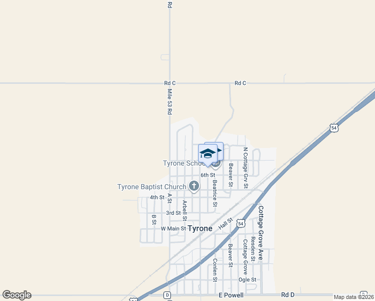 map of restaurants, bars, coffee shops, grocery stores, and more near 706 Arbell Street in Tyrone