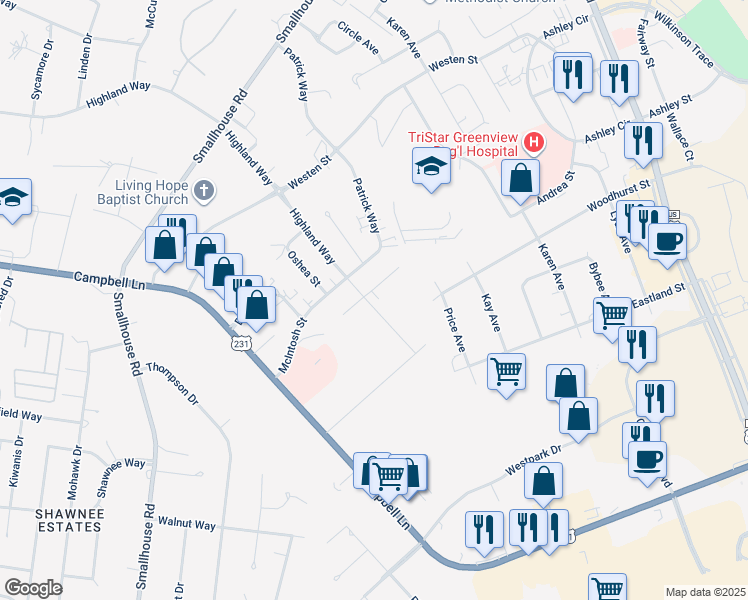 map of restaurants, bars, coffee shops, grocery stores, and more near 1816 Highland Way in Bowling Green
