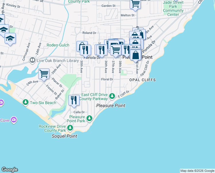 map of restaurants, bars, coffee shops, grocery stores, and more near 540 36th Avenue in Santa Cruz