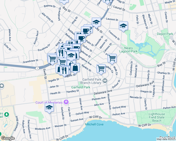map of restaurants, bars, coffee shops, grocery stores, and more near 240 Surfside Avenue in Santa Cruz