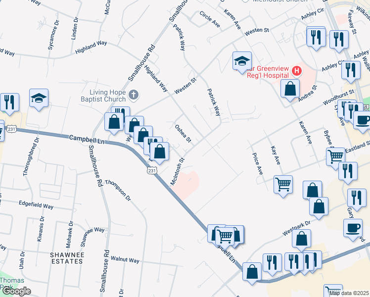 map of restaurants, bars, coffee shops, grocery stores, and more near 1721 McIntosh Street in Bowling Green