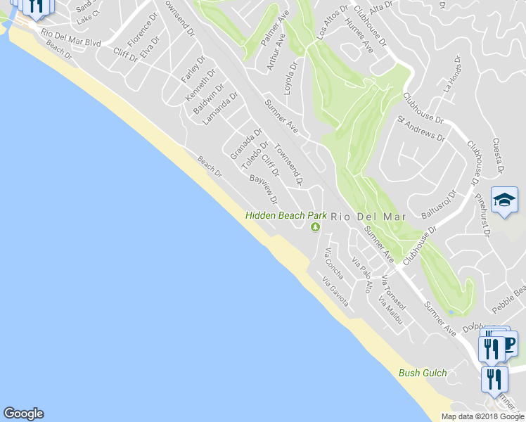 map of restaurants, bars, coffee shops, grocery stores, and more near 631 Beach Drive in Aptos