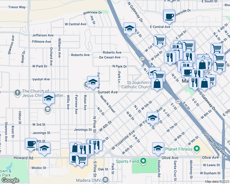 map of restaurants, bars, coffee shops, grocery stores, and more near 308 Sunset Avenue in Madera