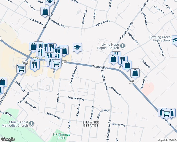 map of restaurants, bars, coffee shops, grocery stores, and more near 981 Campbell Lane in Bowling Green