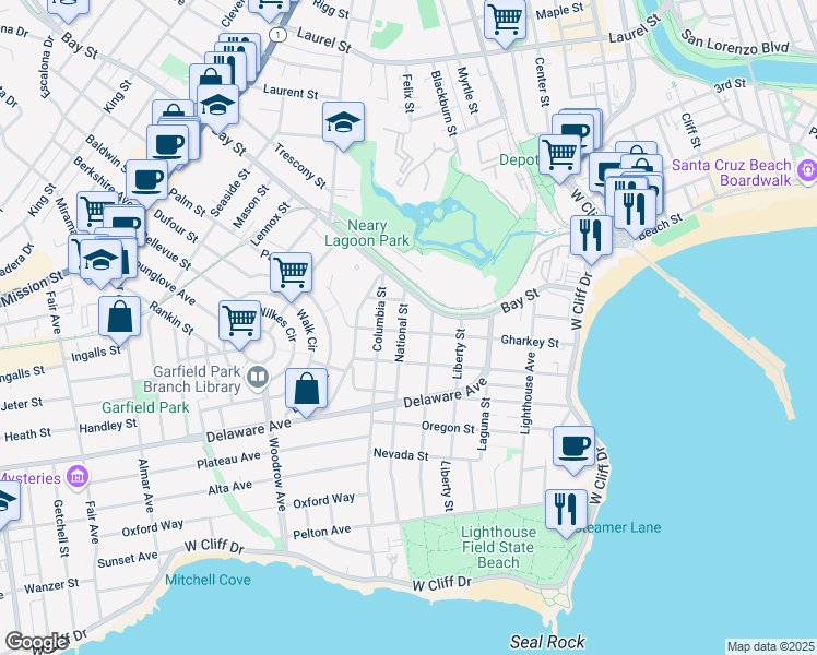 map of restaurants, bars, coffee shops, grocery stores, and more near 516 Gharkey Street in Santa Cruz