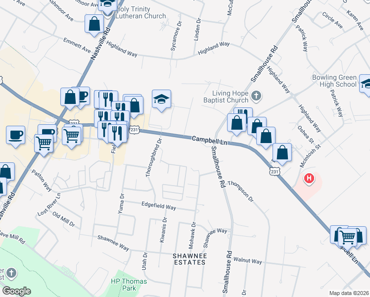 map of restaurants, bars, coffee shops, grocery stores, and more near 981 Campbell Lane in Bowling Green