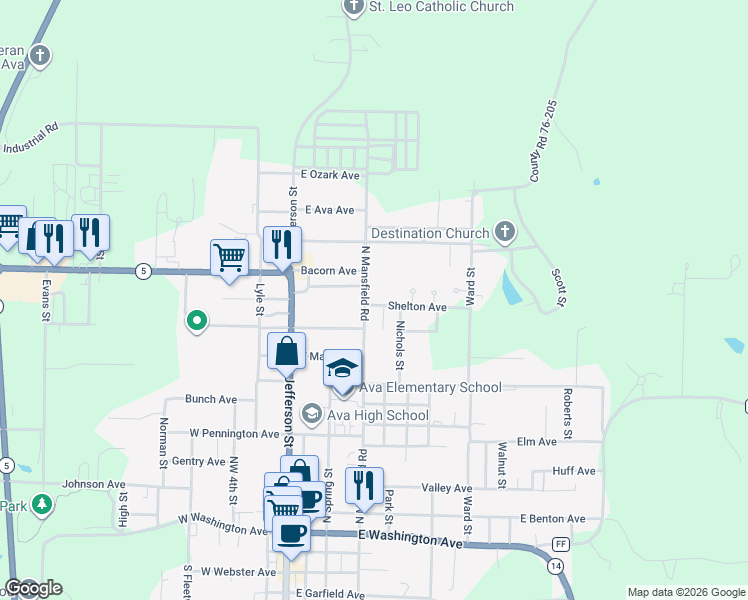 map of restaurants, bars, coffee shops, grocery stores, and more near 1000 Park Street in Ava
