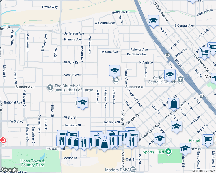 map of restaurants, bars, coffee shops, grocery stores, and more near 1407 Sunset Avenue in Madera