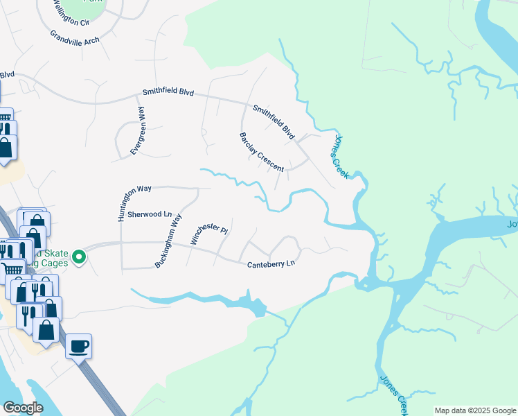 map of restaurants, bars, coffee shops, grocery stores, and more near 209 Manchester Court in Smithfield