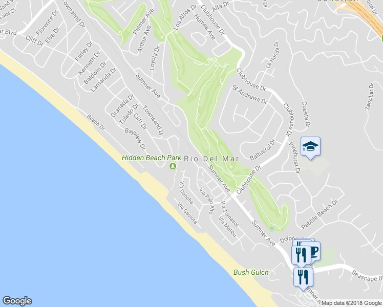 map of restaurants, bars, coffee shops, grocery stores, and more near 709 Vía Palo Alto in Aptos