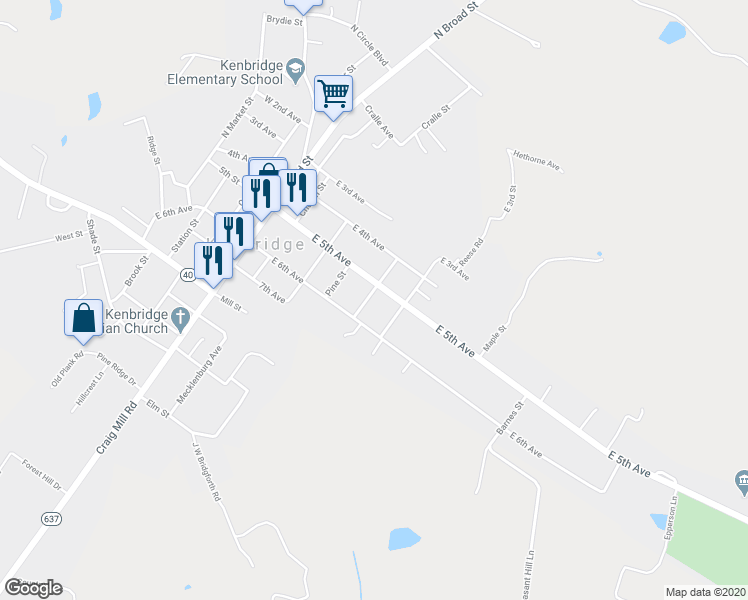 map of restaurants, bars, coffee shops, grocery stores, and more near 400 East 5th Avenue in Kenbridge