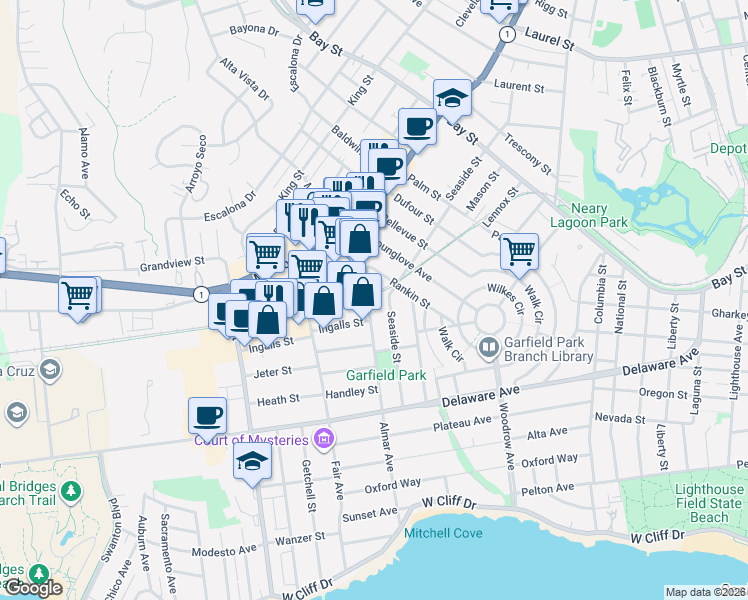 map of restaurants, bars, coffee shops, grocery stores, and more near 812 Almar Avenue in Santa Cruz