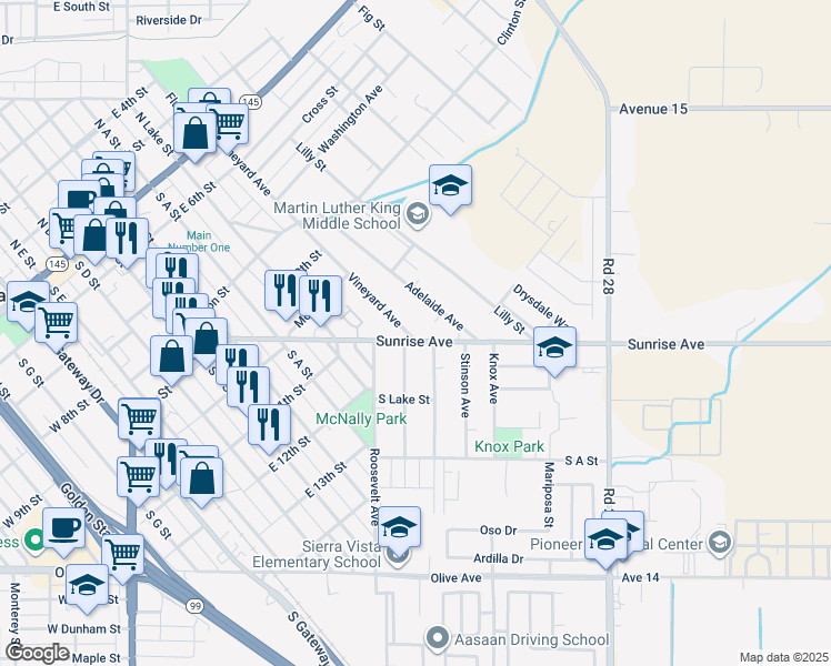 map of restaurants, bars, coffee shops, grocery stores, and more near 725 Vineyard Avenue in Madera