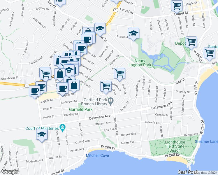 map of restaurants, bars, coffee shops, grocery stores, and more near 316 Errett Circle in Santa Cruz