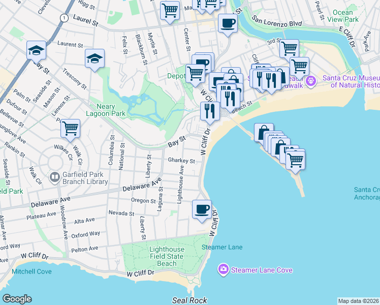map of restaurants, bars, coffee shops, grocery stores, and more near 116 Gharkey Street in Santa Cruz