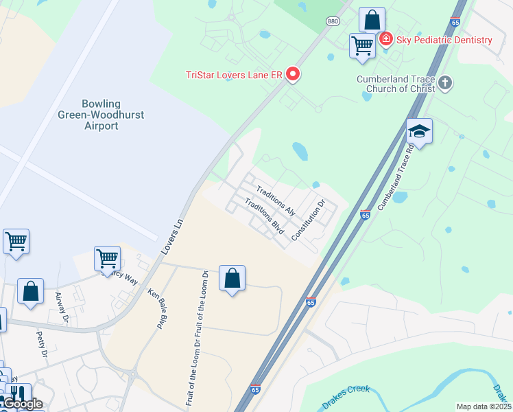 map of restaurants, bars, coffee shops, grocery stores, and more near Traditions Boulevard in Bowling Green