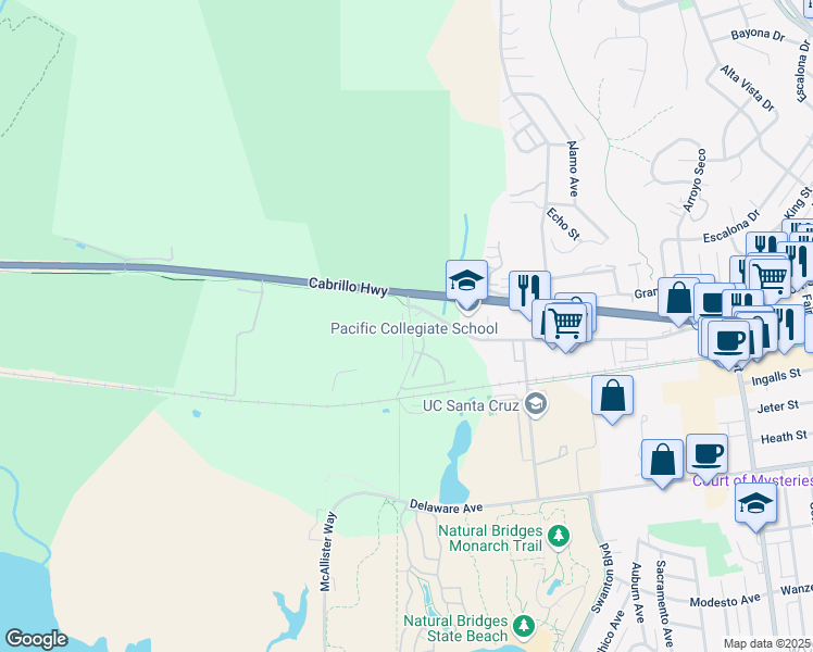 map of restaurants, bars, coffee shops, grocery stores, and more near 102 Shaffer Road in Santa Cruz