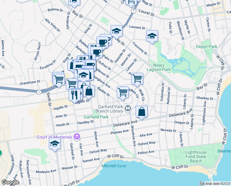 map of restaurants, bars, coffee shops, grocery stores, and more near 215 Younglove Avenue in Santa Cruz