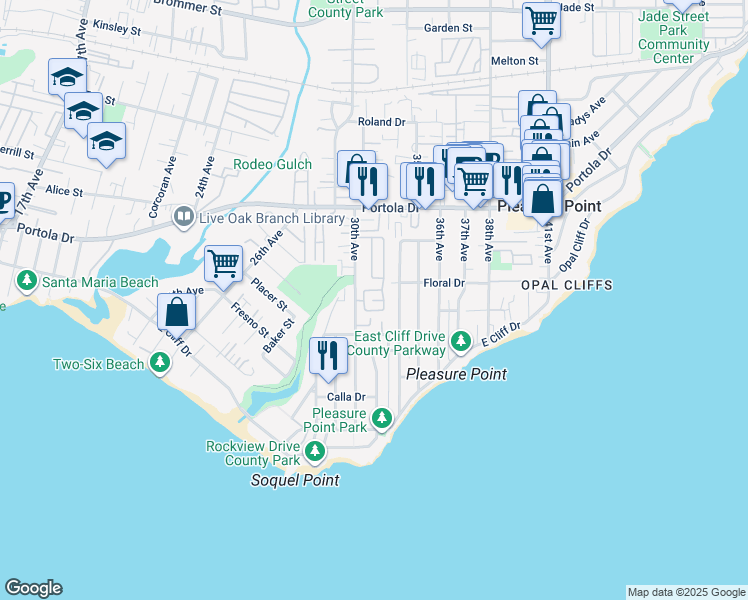 map of restaurants, bars, coffee shops, grocery stores, and more near 560 30th Avenue in Santa Cruz