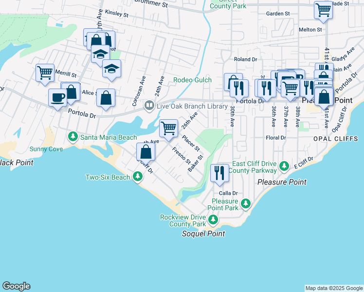 map of restaurants, bars, coffee shops, grocery stores, and more near 416 Hickman Court in Santa Cruz