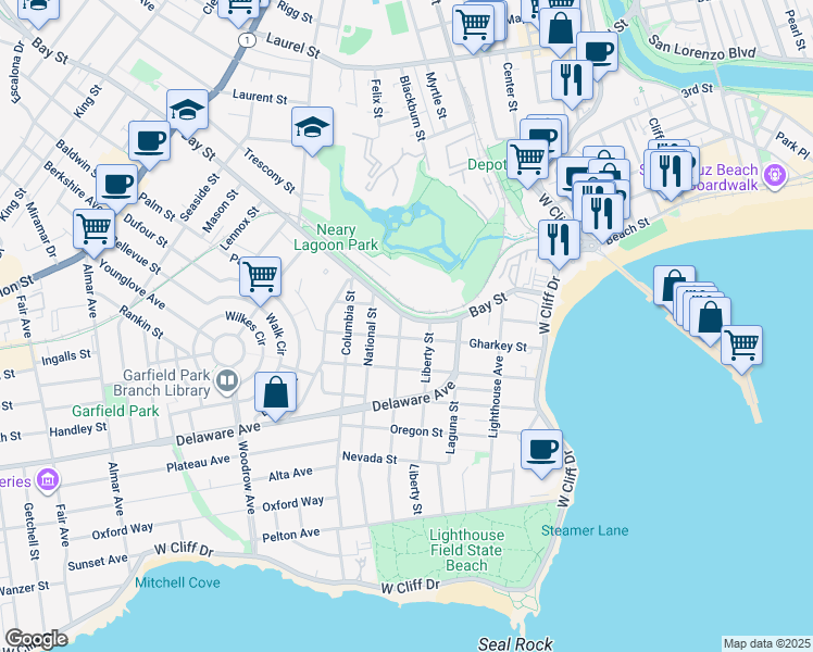 map of restaurants, bars, coffee shops, grocery stores, and more near 604 Centennial Street in Santa Cruz