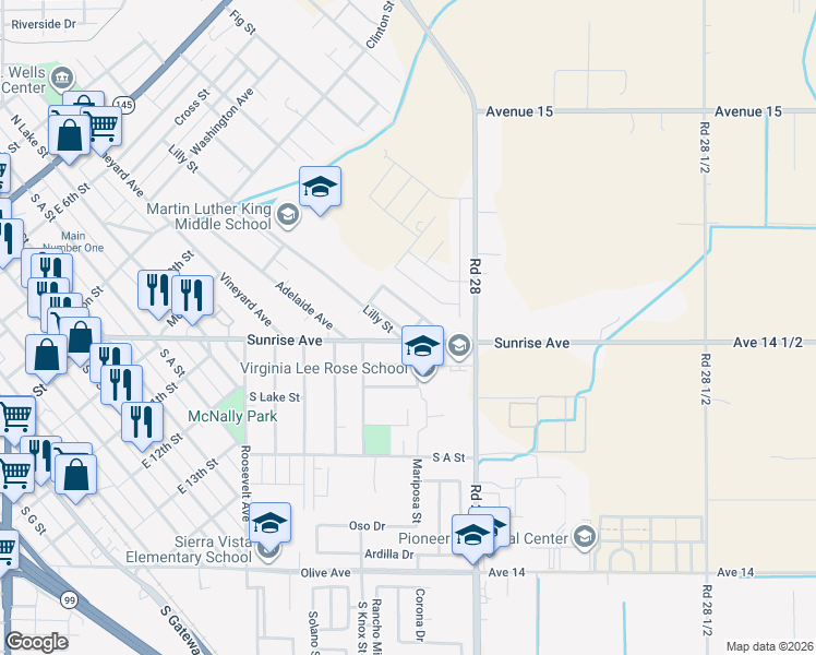 map of restaurants, bars, coffee shops, grocery stores, and more near 915 Lilly Street in Madera