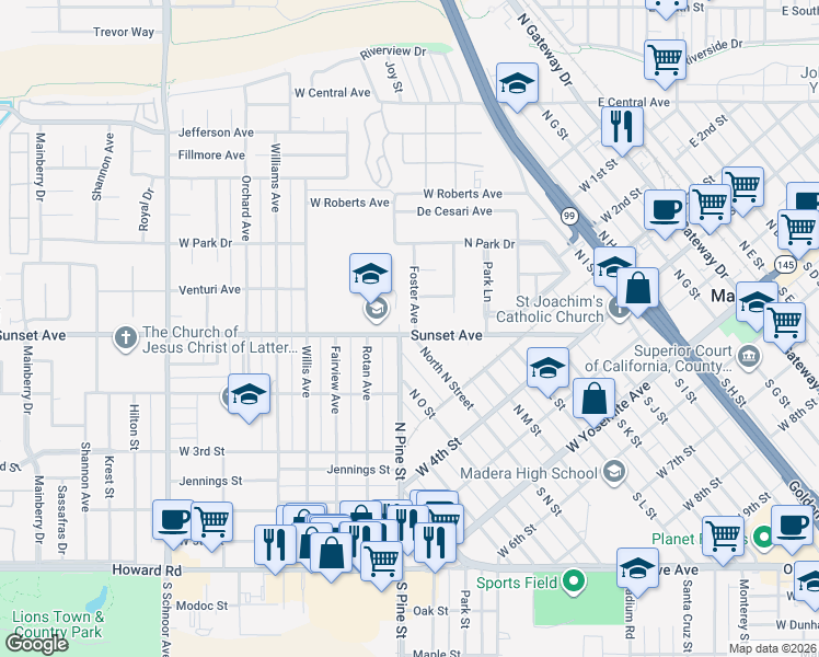 map of restaurants, bars, coffee shops, grocery stores, and more near 701 Sunset Avenue in Madera