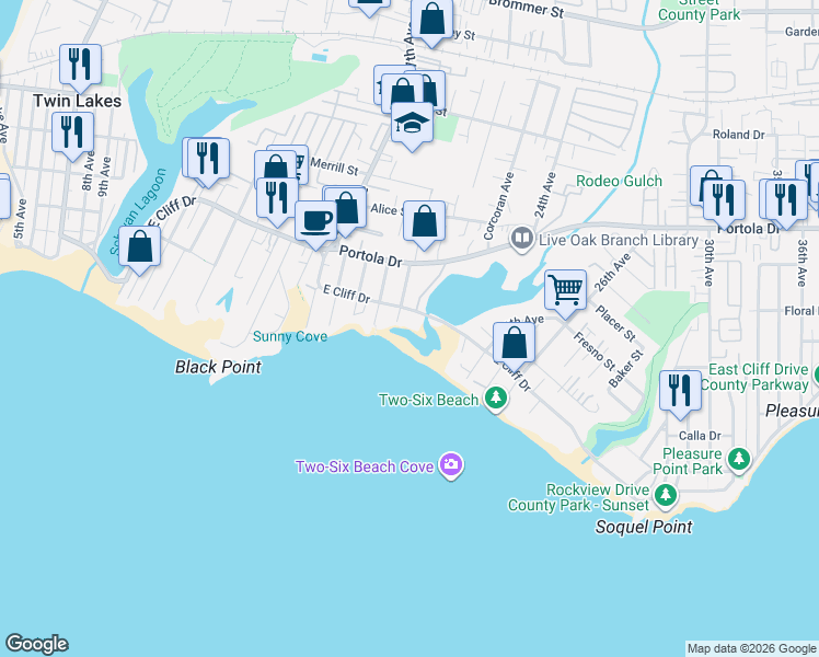 map of restaurants, bars, coffee shops, grocery stores, and more near 22130 East Cliff Drive in Santa Cruz