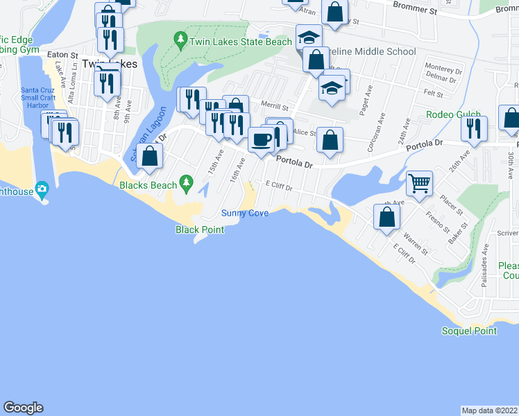 map of restaurants, bars, coffee shops, grocery stores, and more near 100 Sunny Cove Drive in Santa Cruz