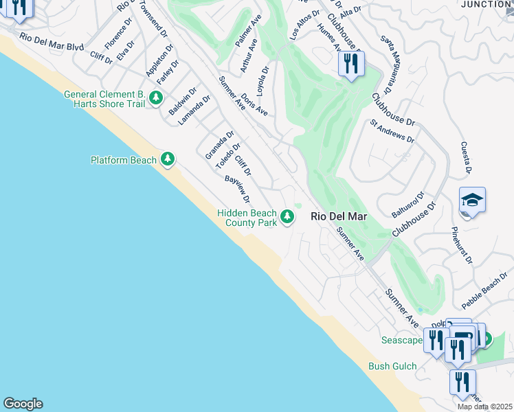 map of restaurants, bars, coffee shops, grocery stores, and more near 641 Bayview Drive in Aptos
