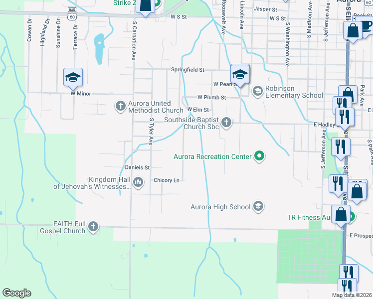 map of restaurants, bars, coffee shops, grocery stores, and more near 1504 Mary Lane in Aurora