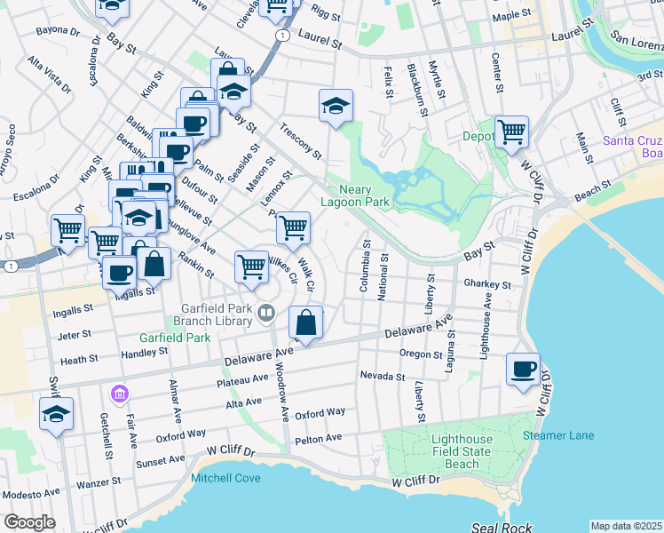 map of restaurants, bars, coffee shops, grocery stores, and more near 231 Dufour Street in Santa Cruz