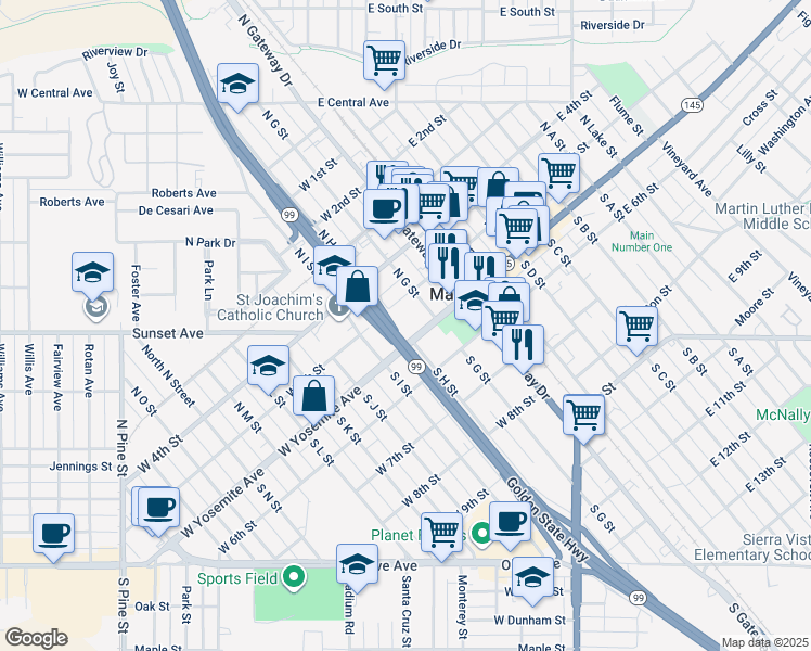 map of restaurants, bars, coffee shops, grocery stores, and more near 209 West Yosemite Avenue in Madera