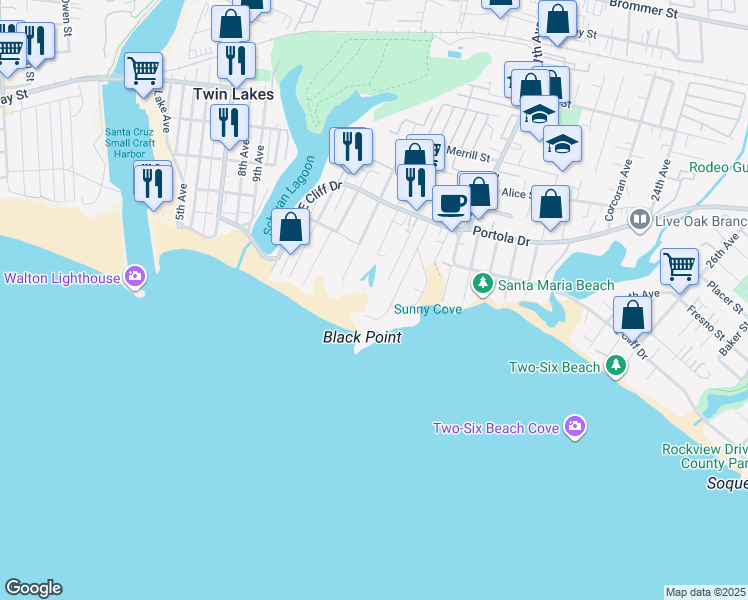 map of restaurants, bars, coffee shops, grocery stores, and more near 151 Blackpoint Lane in Santa Cruz