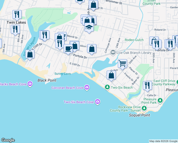 map of restaurants, bars, coffee shops, grocery stores, and more near 22130 East Cliff Drive in Santa Cruz