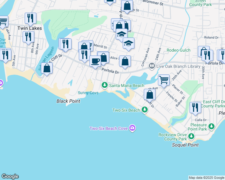 map of restaurants, bars, coffee shops, grocery stores, and more near 100 20th Avenue in Santa Cruz