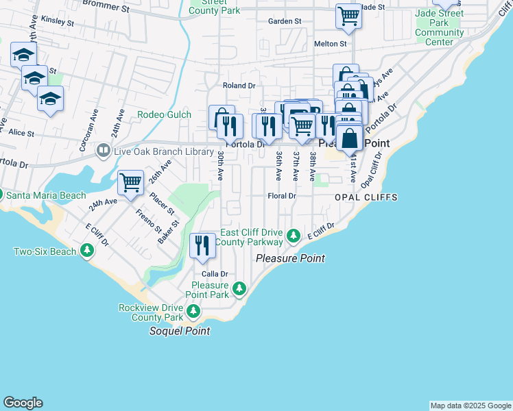 map of restaurants, bars, coffee shops, grocery stores, and more near 540 34th Avenue in Santa Cruz
