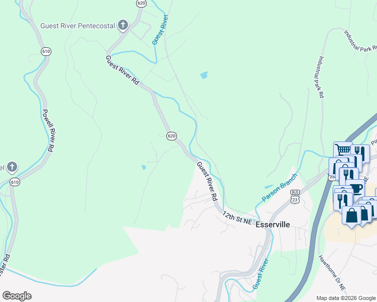map of restaurants, bars, coffee shops, grocery stores, and more near 5433 Guest River Road in Norton