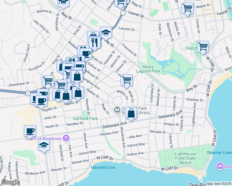 map of restaurants, bars, coffee shops, grocery stores, and more near 316 Errett Circle in Santa Cruz