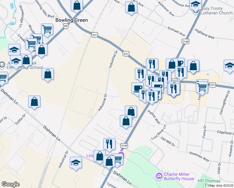map of restaurants, bars, coffee shops, grocery stores, and more near 532 Nathans Rim Way in Bowling Green