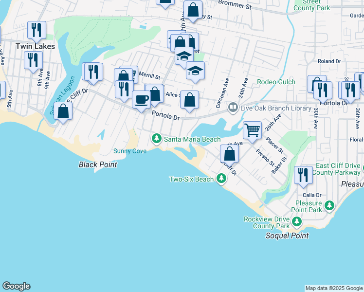 map of restaurants, bars, coffee shops, grocery stores, and more near 22130 East Cliff Drive in Santa Cruz