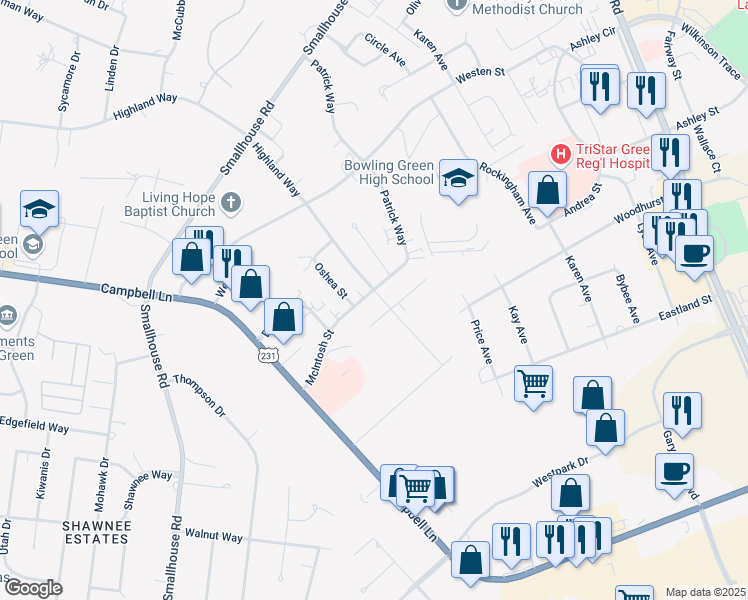 map of restaurants, bars, coffee shops, grocery stores, and more near 1702 McIntosh Street in Bowling Green