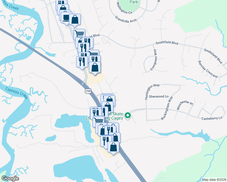 map of restaurants, bars, coffee shops, grocery stores, and more near 100 Cattail Lane in Smithfield