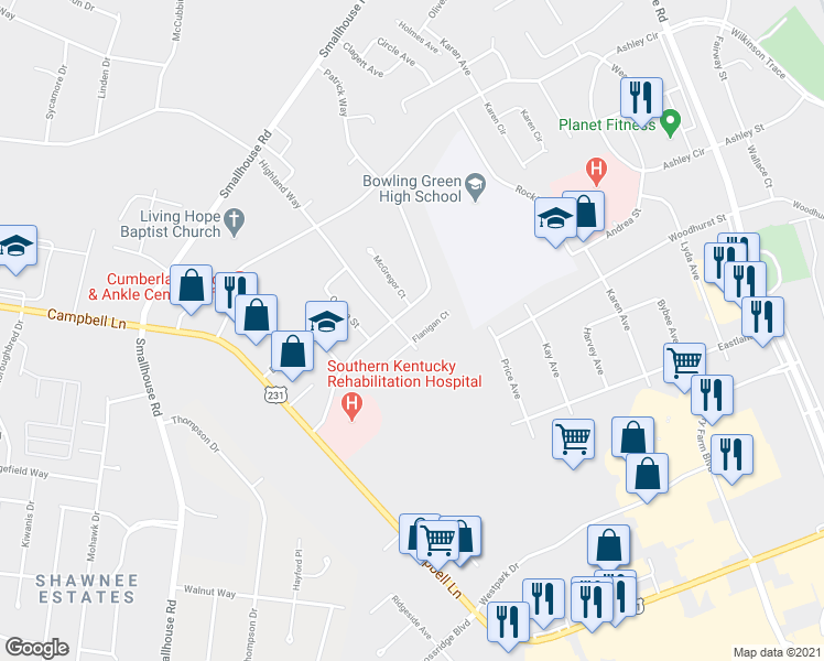 map of restaurants, bars, coffee shops, grocery stores, and more near 1816 Highland Way in Bowling Green