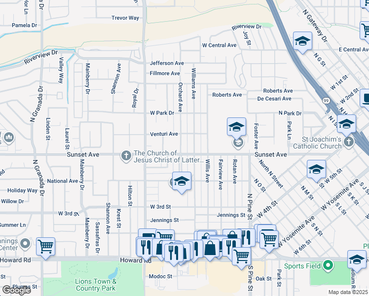 map of restaurants, bars, coffee shops, grocery stores, and more near 1803 Sunset Avenue in Madera
